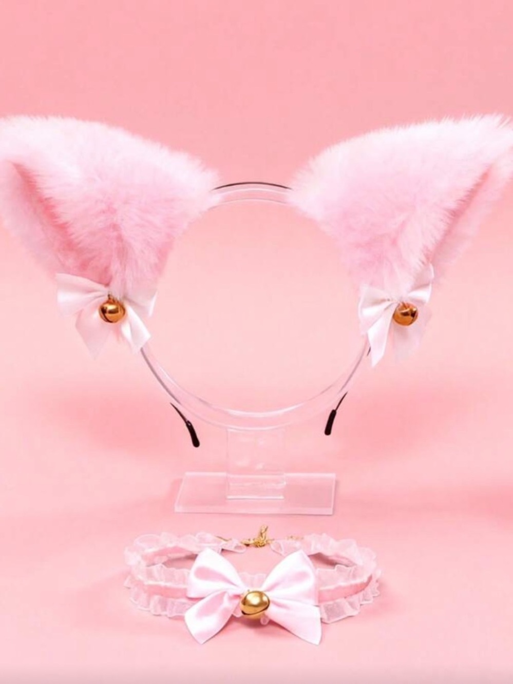 Pink Fuzzy Cat Ear Headband and Bow Choker Set - Kids Accessories